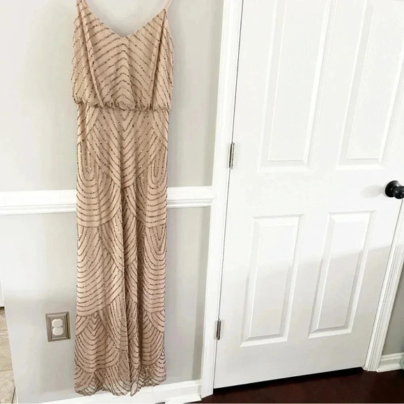 Adrianna Papell Art Deco Beaded Blouson Gown Dress in Taupe Pink - Size 2 - Picture 1 of 11